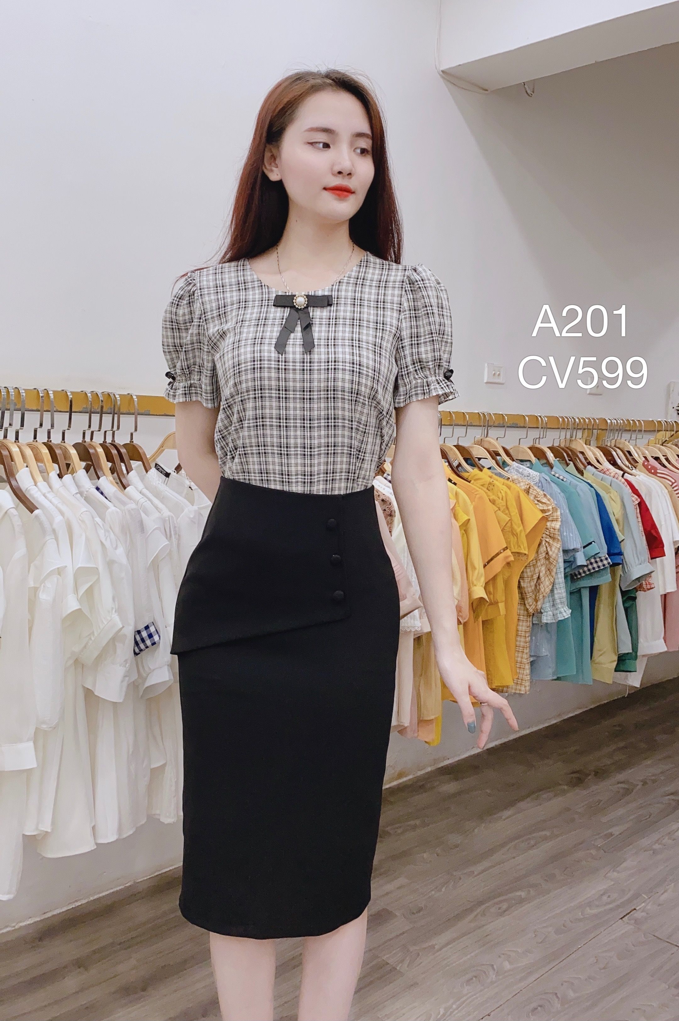 A201 áo sơ mi kẻ nơ cài đen