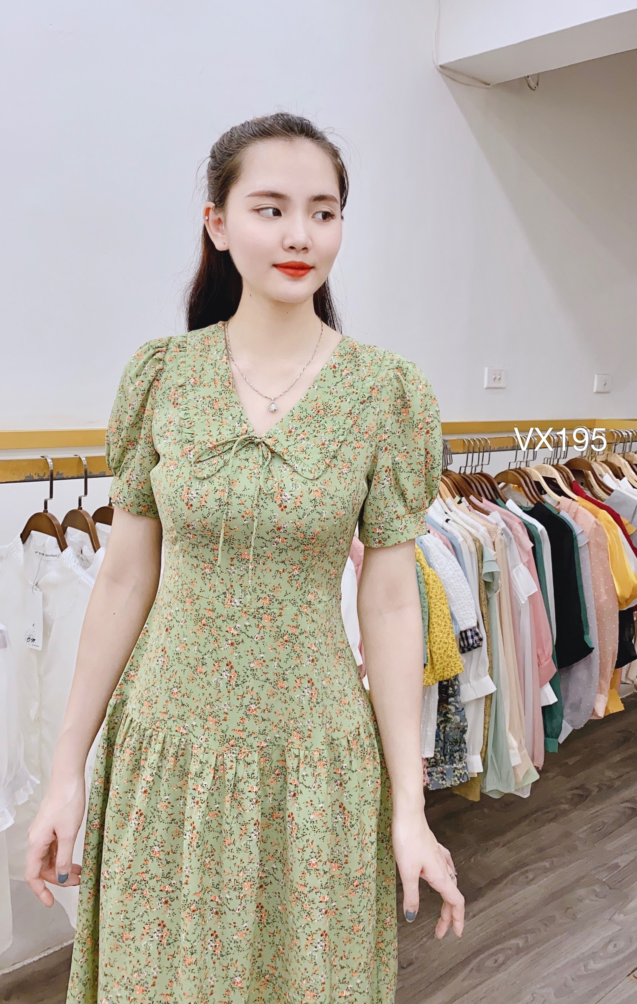 CÓ SẴN] Váy hoa nhí xanh cổ tròn tay phồng siêu sang - V25 | Shopee Việt Nam