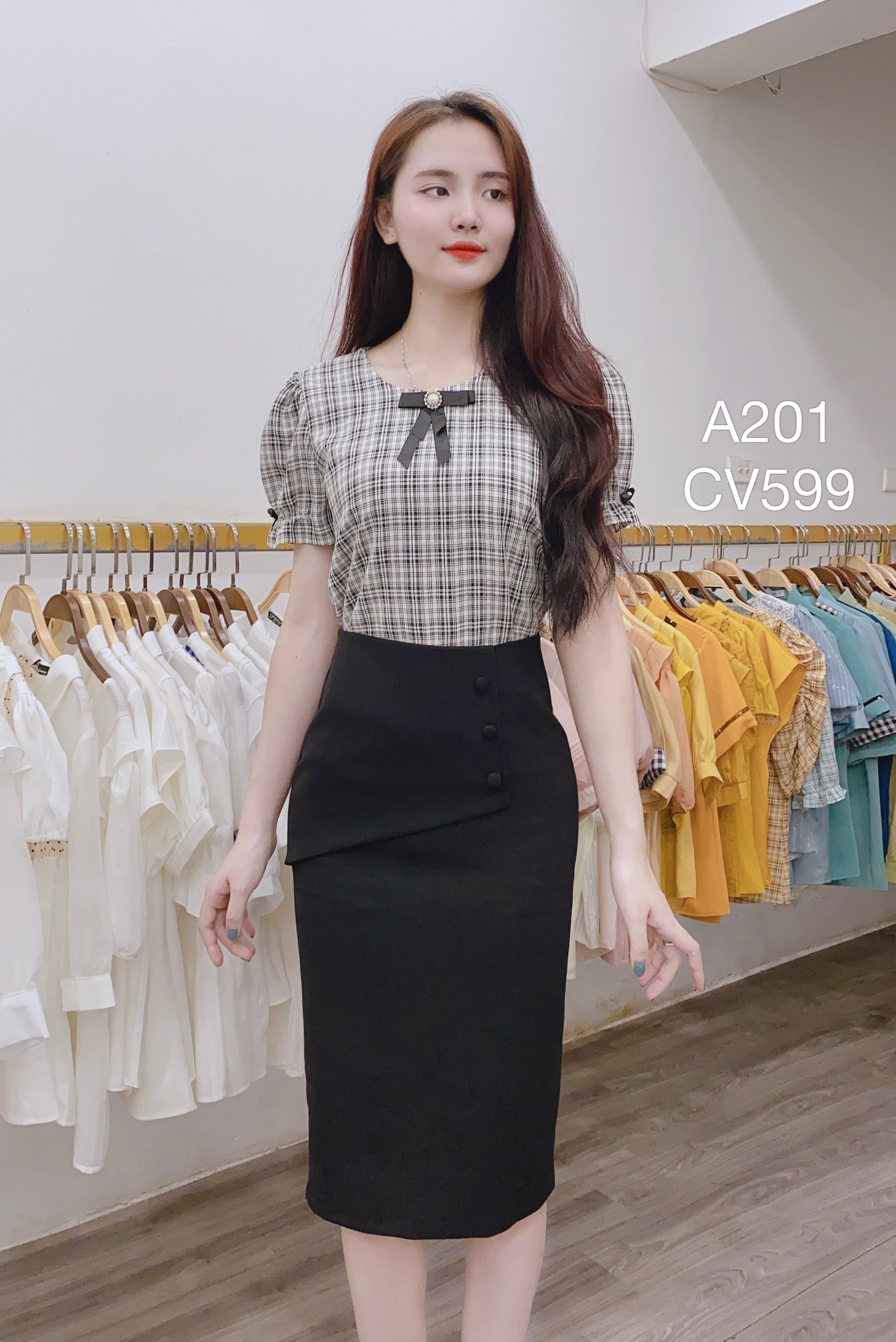 A201 áo sơ mi kẻ nơ cài đen