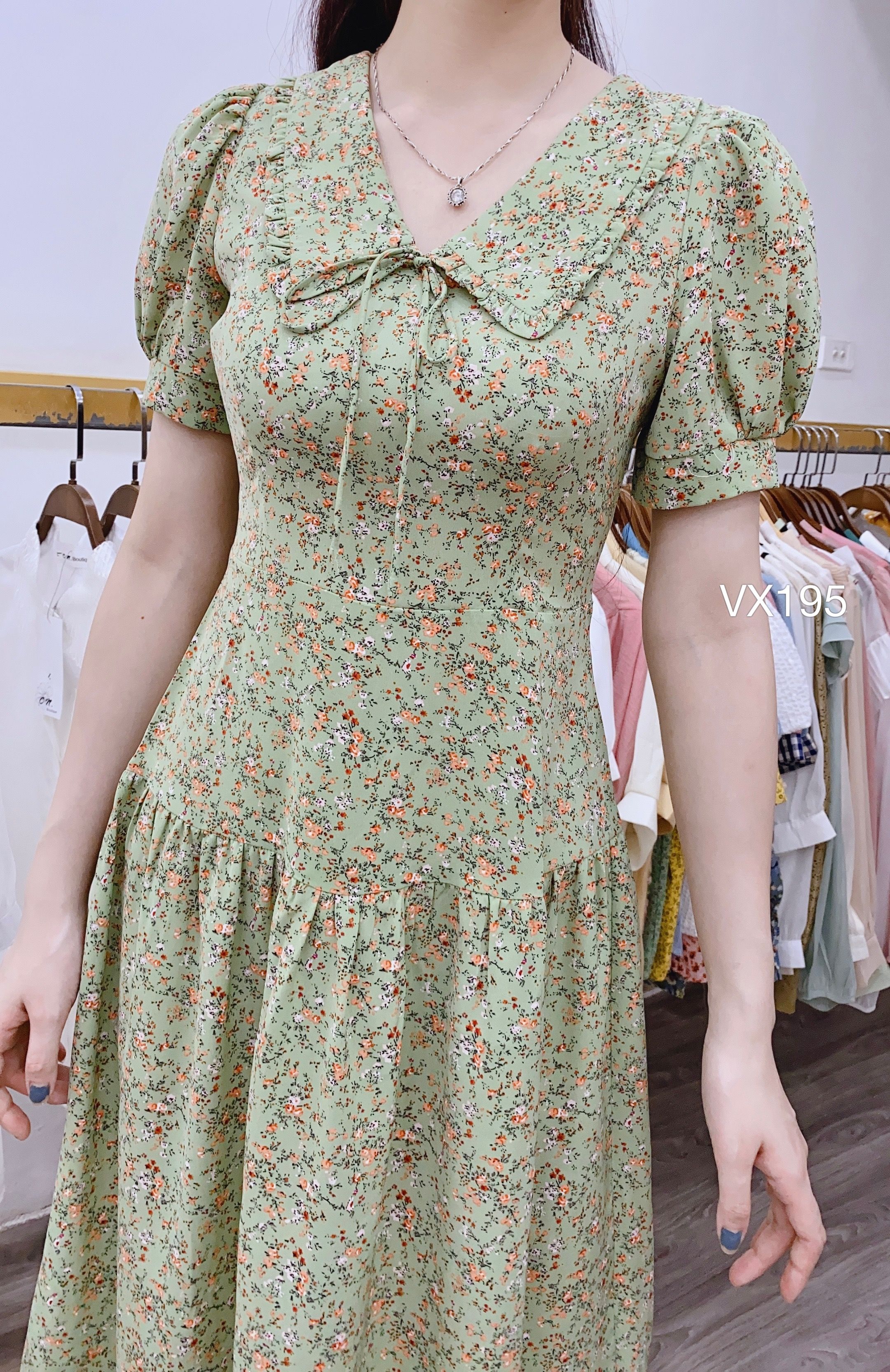Váy đầm xòe màu xanh dương hoa nhí cổ vuông tay bèo đính ngọc 247 STORE -  Đầm dáng xòe | ThờiTrangNữ.vn