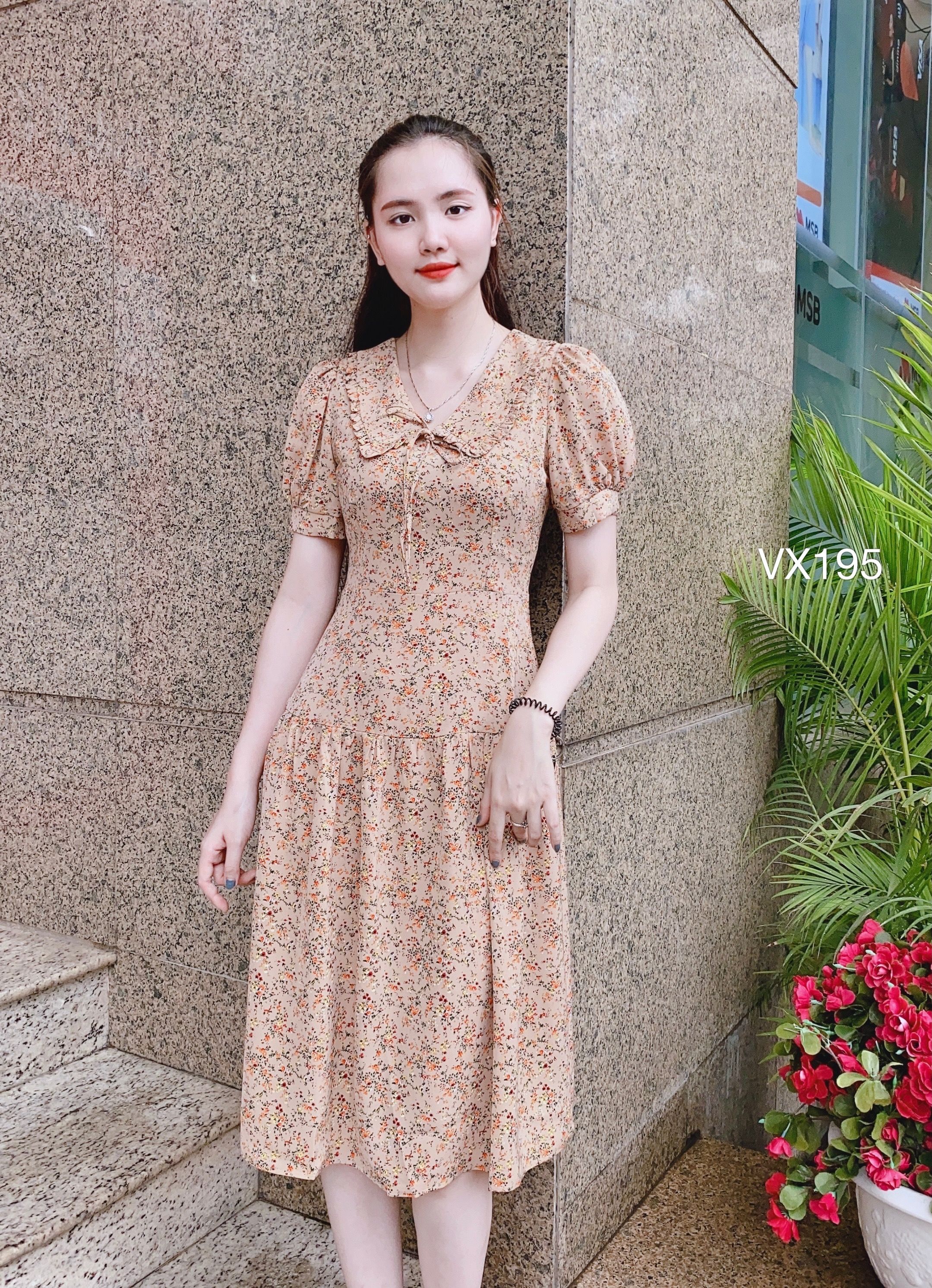 Đầm hoa nhí Hàn Quốc đầm tay phồng đầm tiểu thư cột dây nữ váy maxi đi biển  váy xòe bồng dài qua gối đầm vintage cột dây nơ thanh lịch |