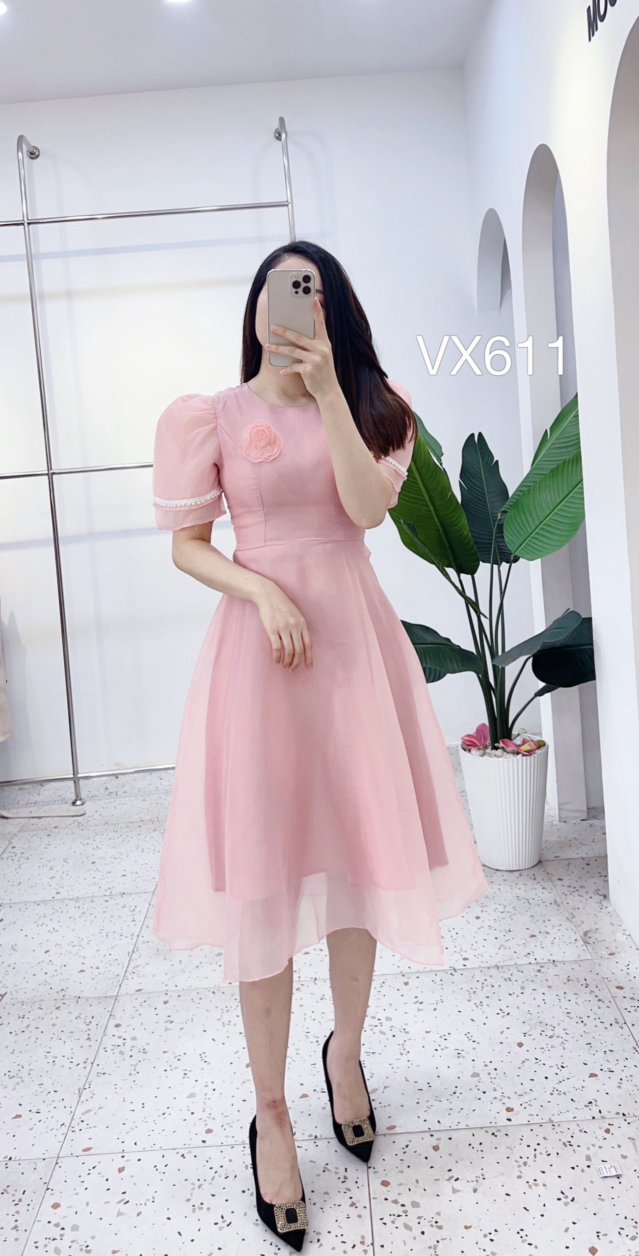 VX611 váy tơ liền than hoa cổ