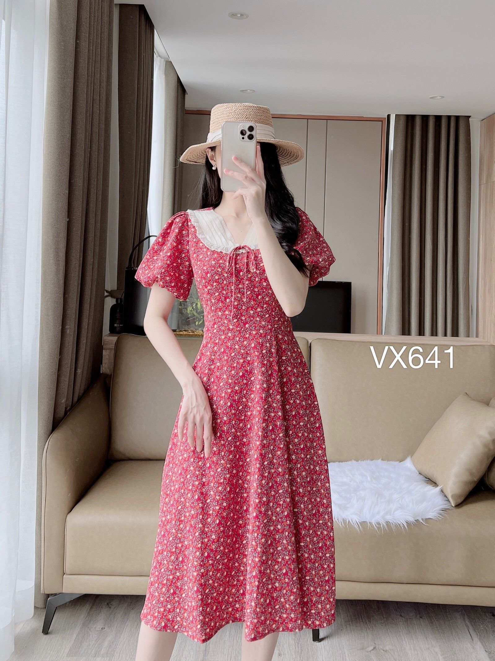 VX641 váy cổ sen hoa nhí