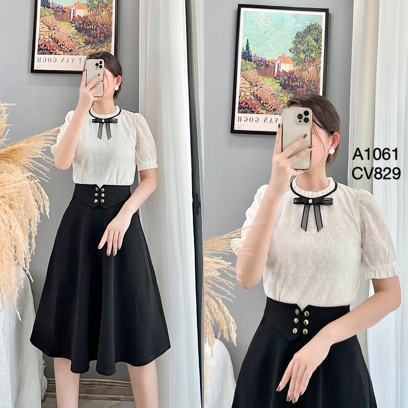A1061 áo ren cổ nơ đen