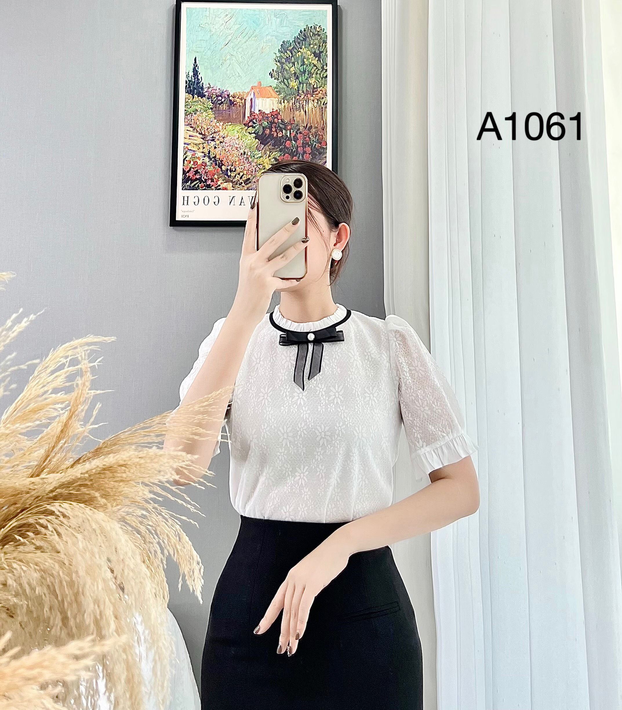 A1061 áo ren cổ nơ đen