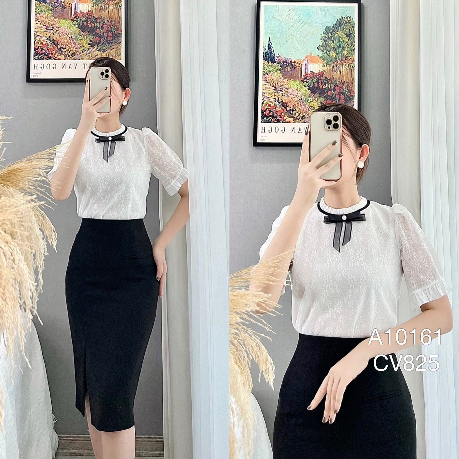 A1061 áo ren cổ nơ đen