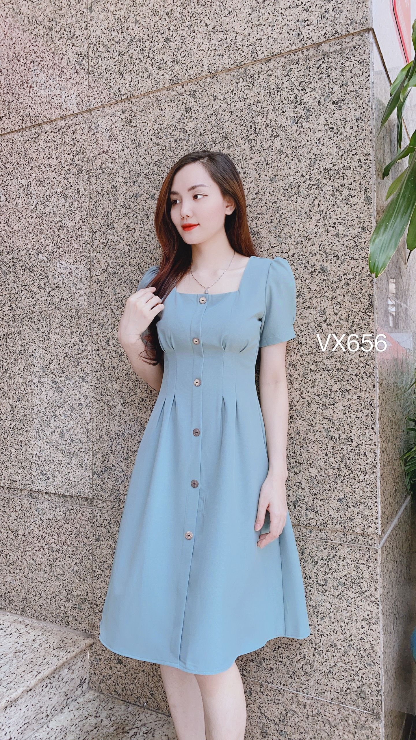 VX656 váy xòe ly cúc gỗ dáng lỡ