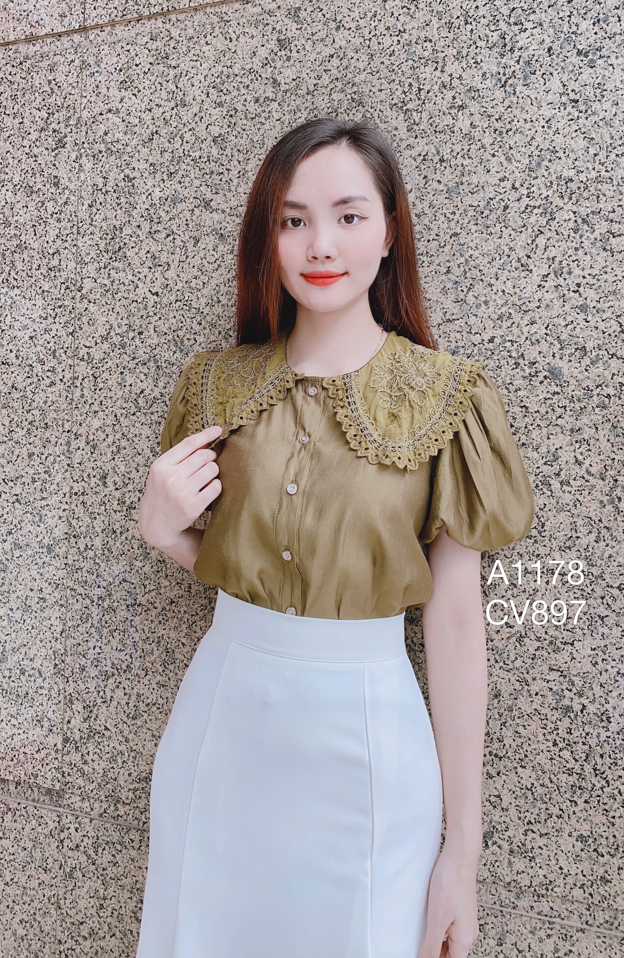 A1178 sơ mi cổ ren tay bồng 5 cúc