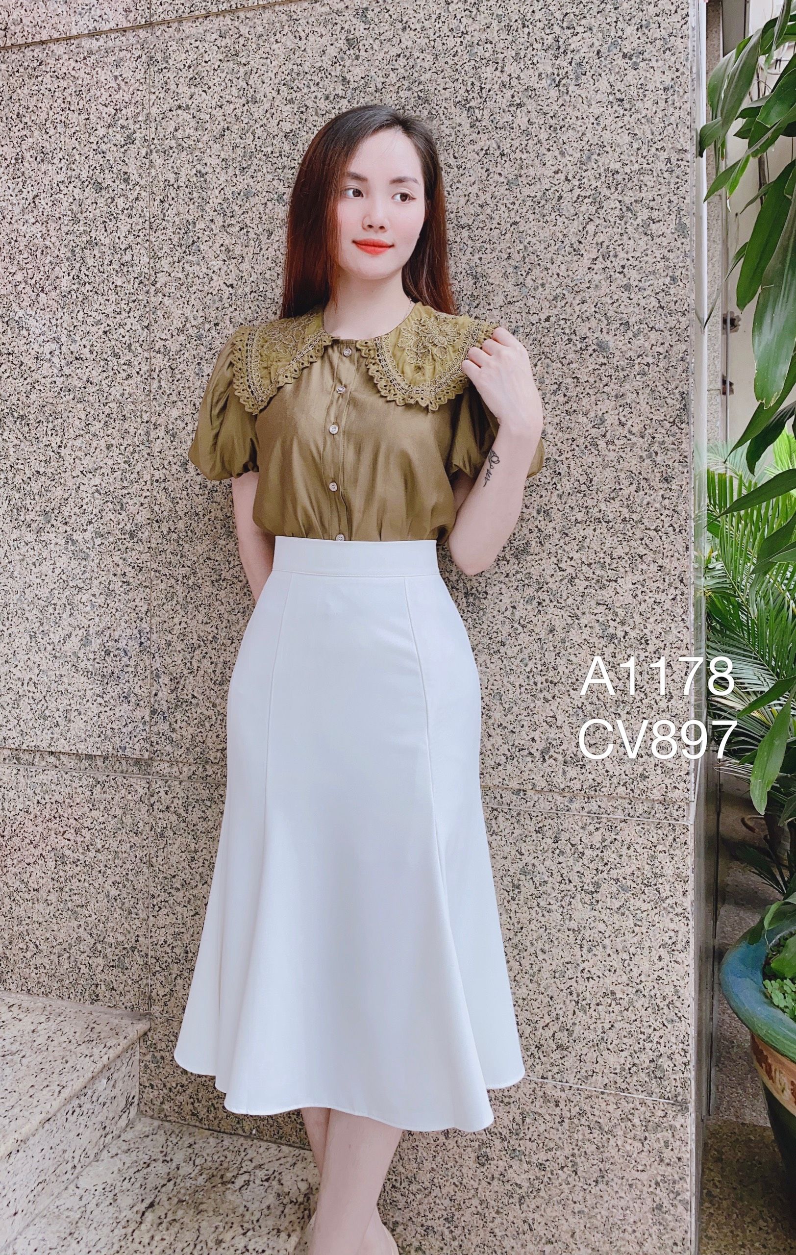 A1178 sơ mi cổ ren tay bồng 5 cúc