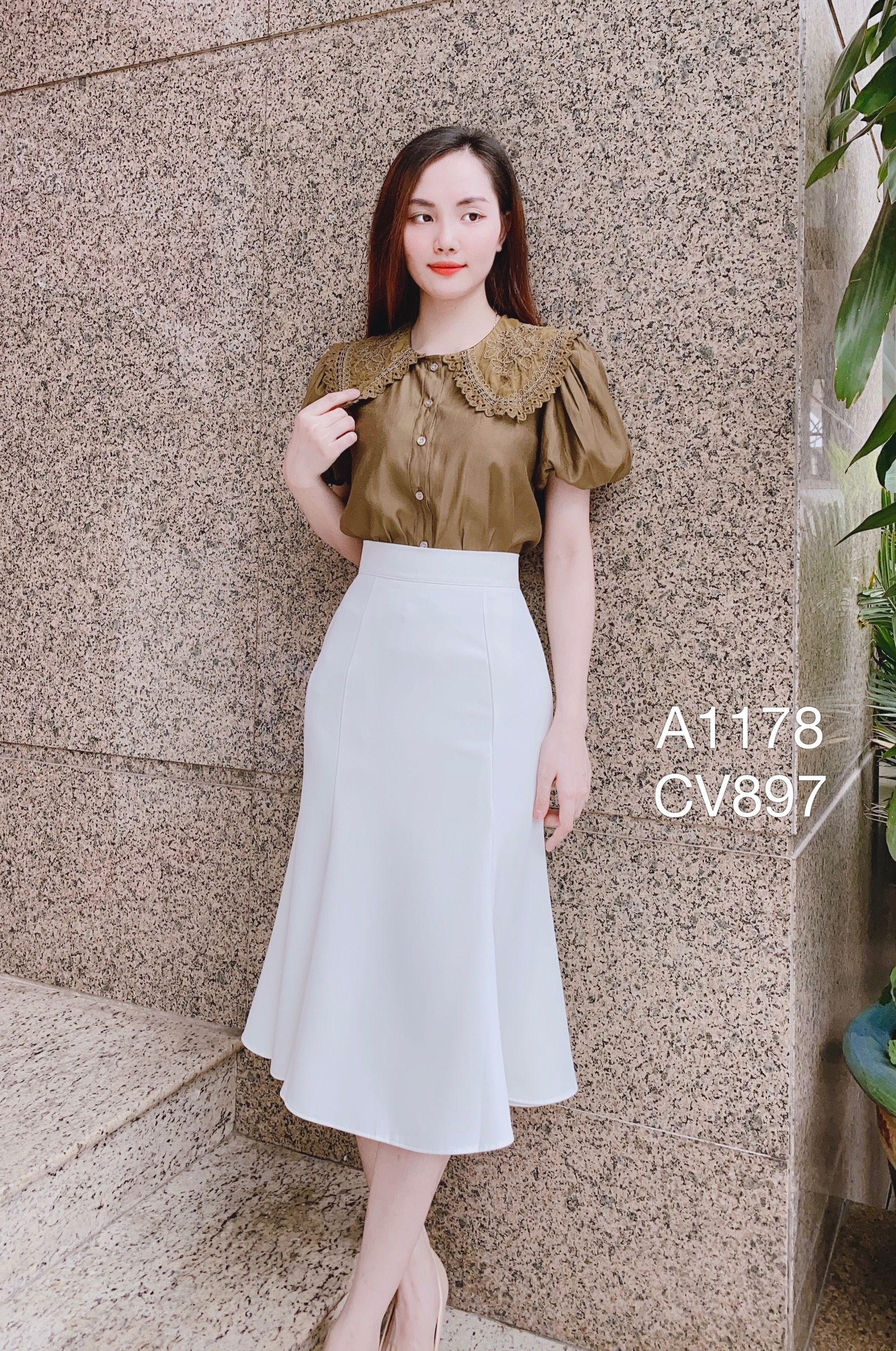 A1178 sơ mi cổ ren tay bồng 5 cúc