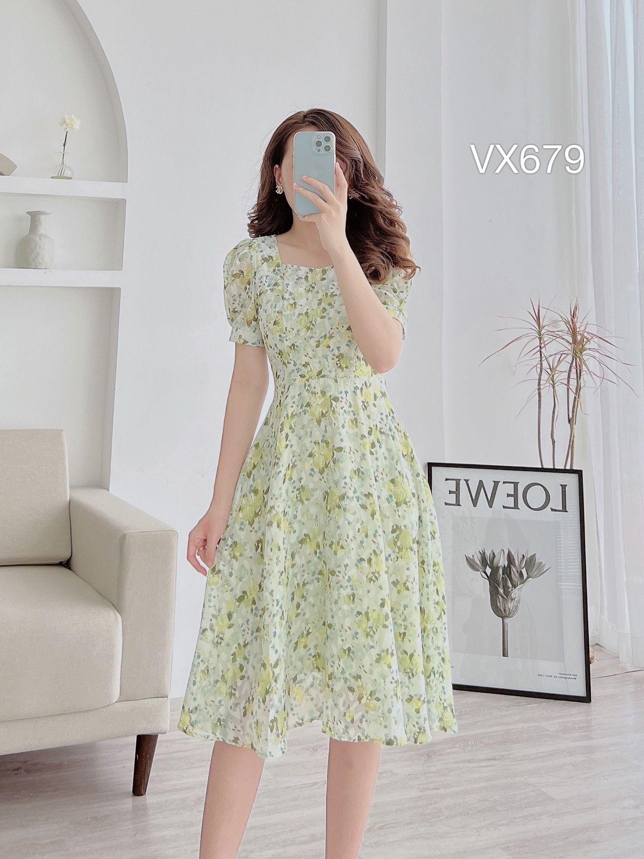 D214 : Váy voan hoa nhí HQ cổ chữ V thắt dây hở lưng - yishop.com.vn