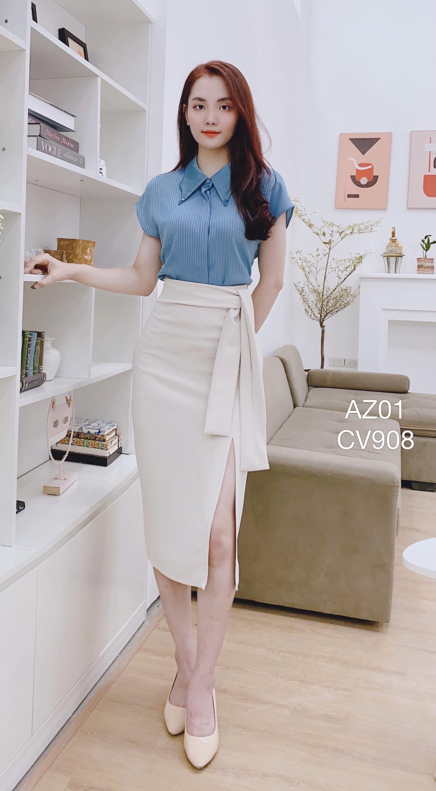 CV908 Chân váy xẻ trước nơ vắt
