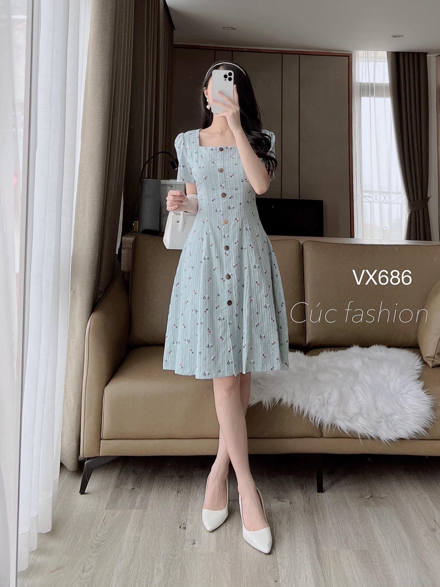 VX686 váy hoa nhí cúc gỗ