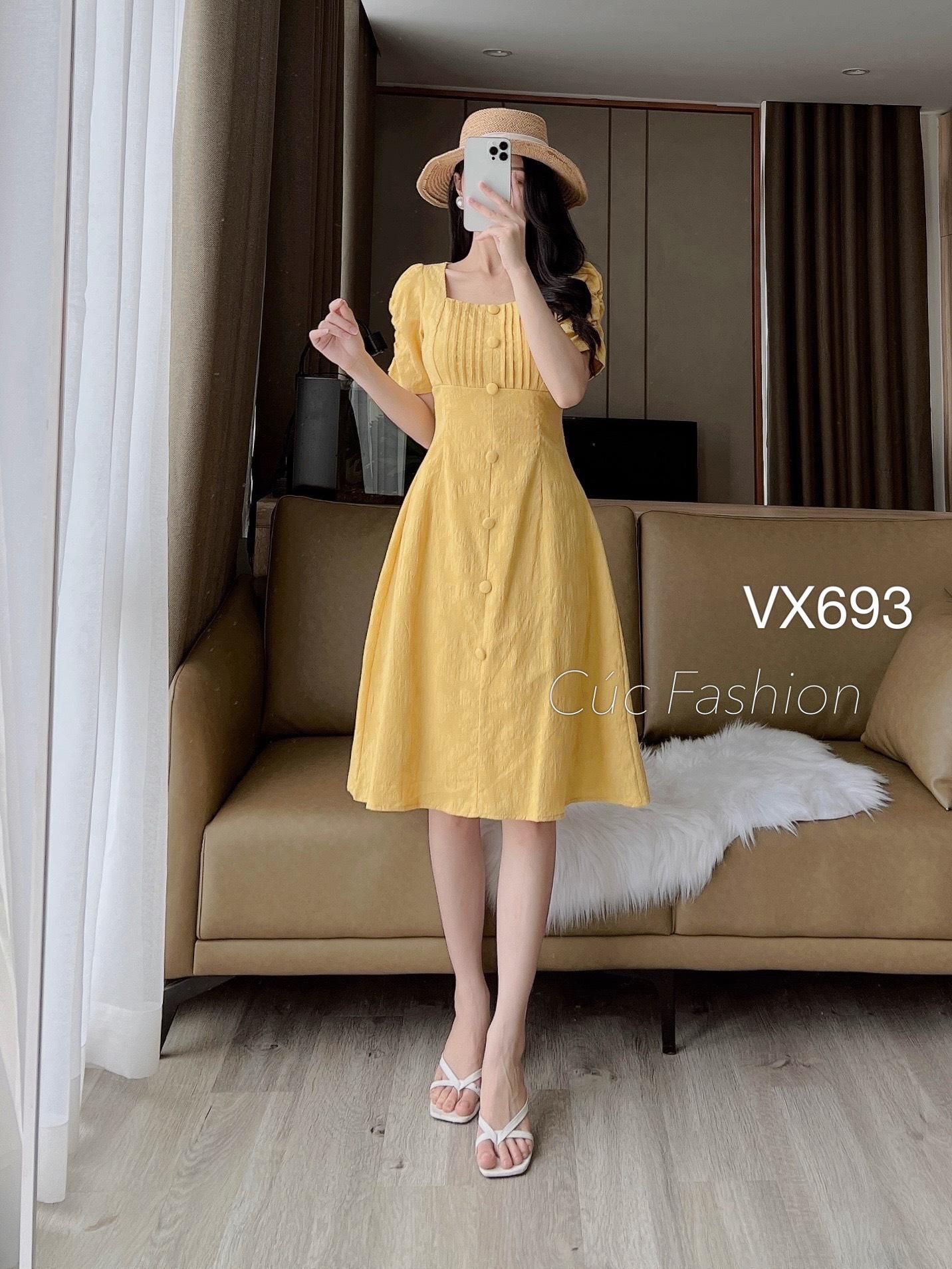 VX693 Váy ly ngực cúc bọc