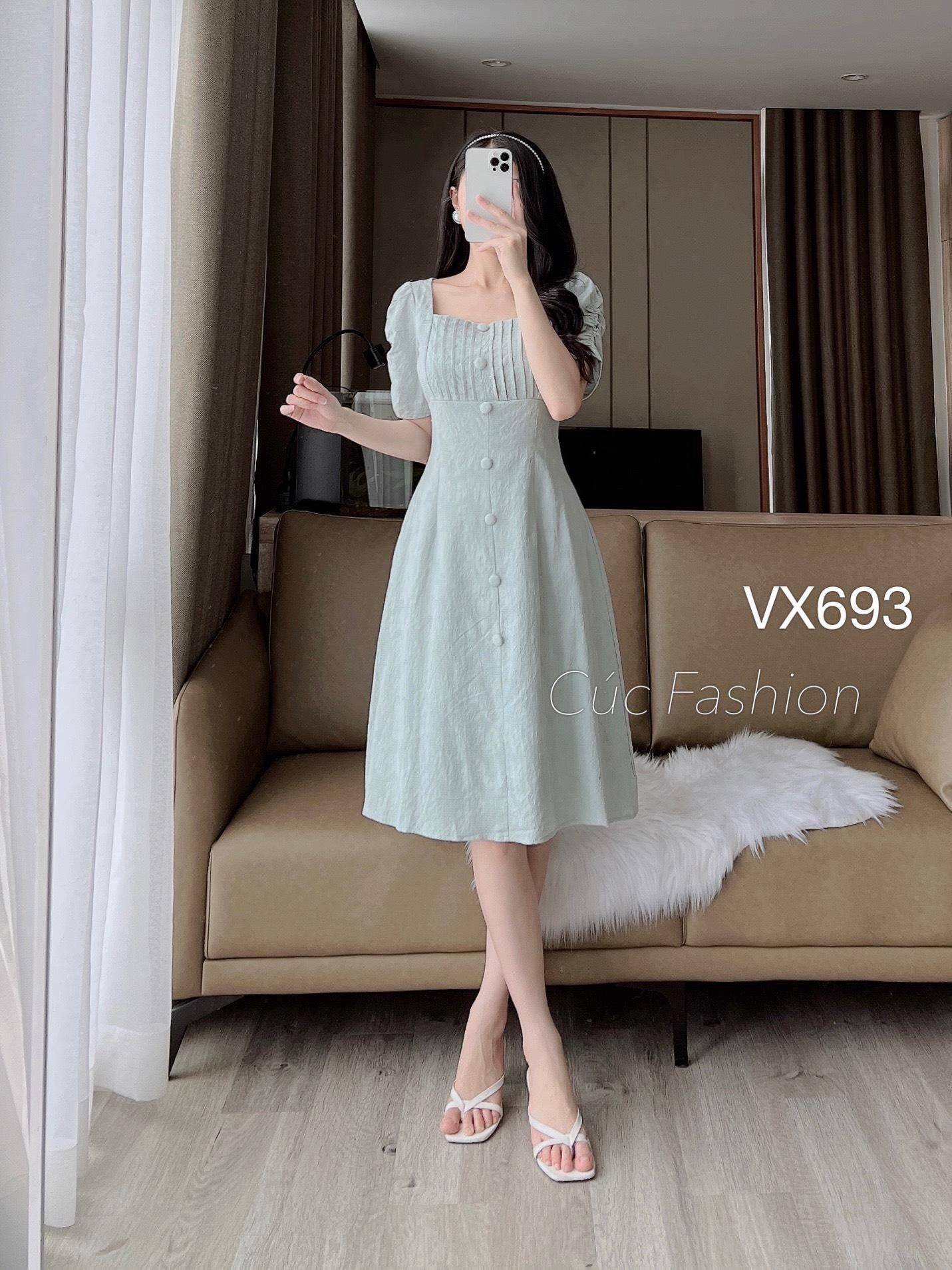 VX693 Váy ly ngực cúc bọc