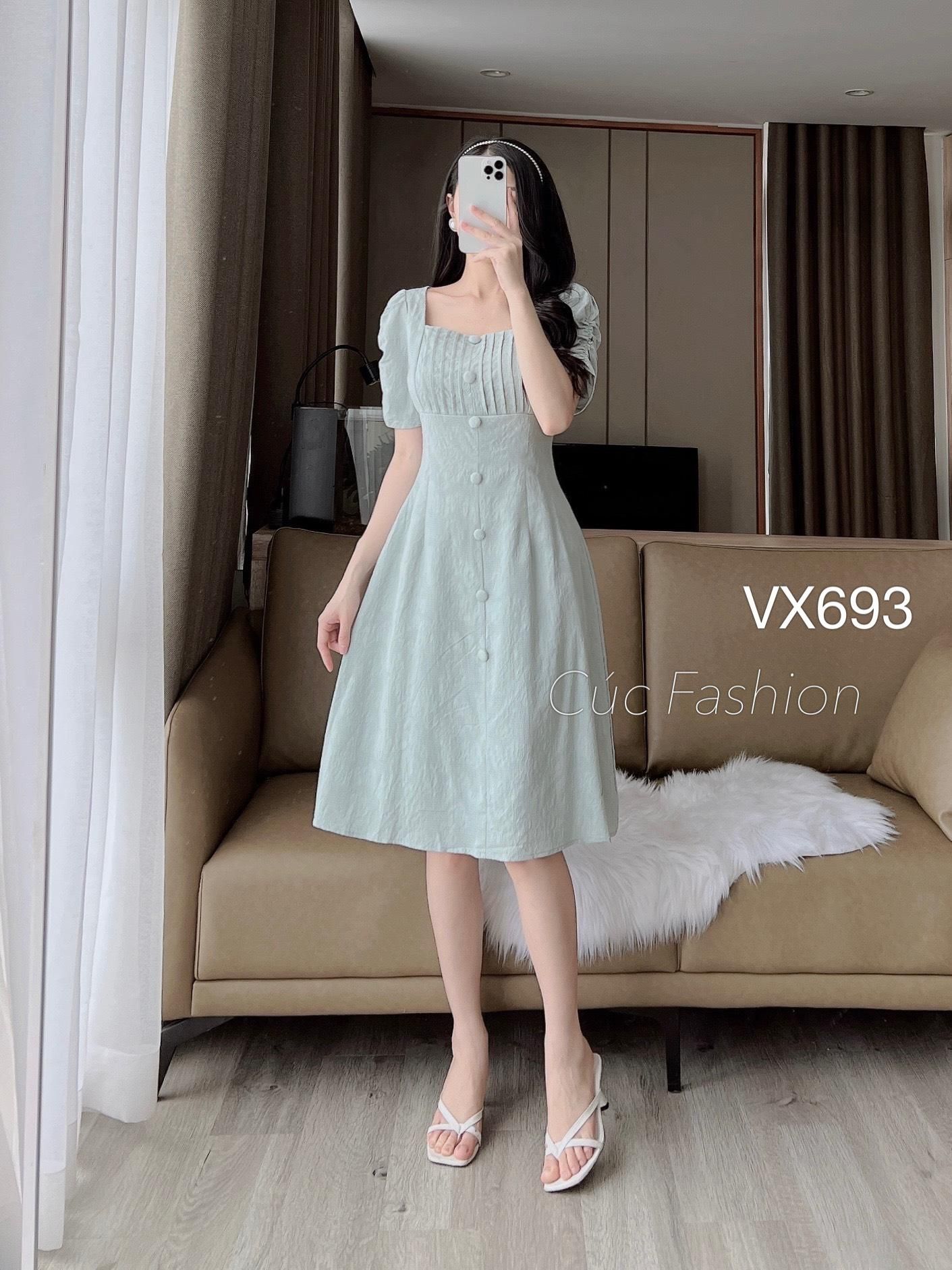 VX693 Váy ly ngực cúc bọc