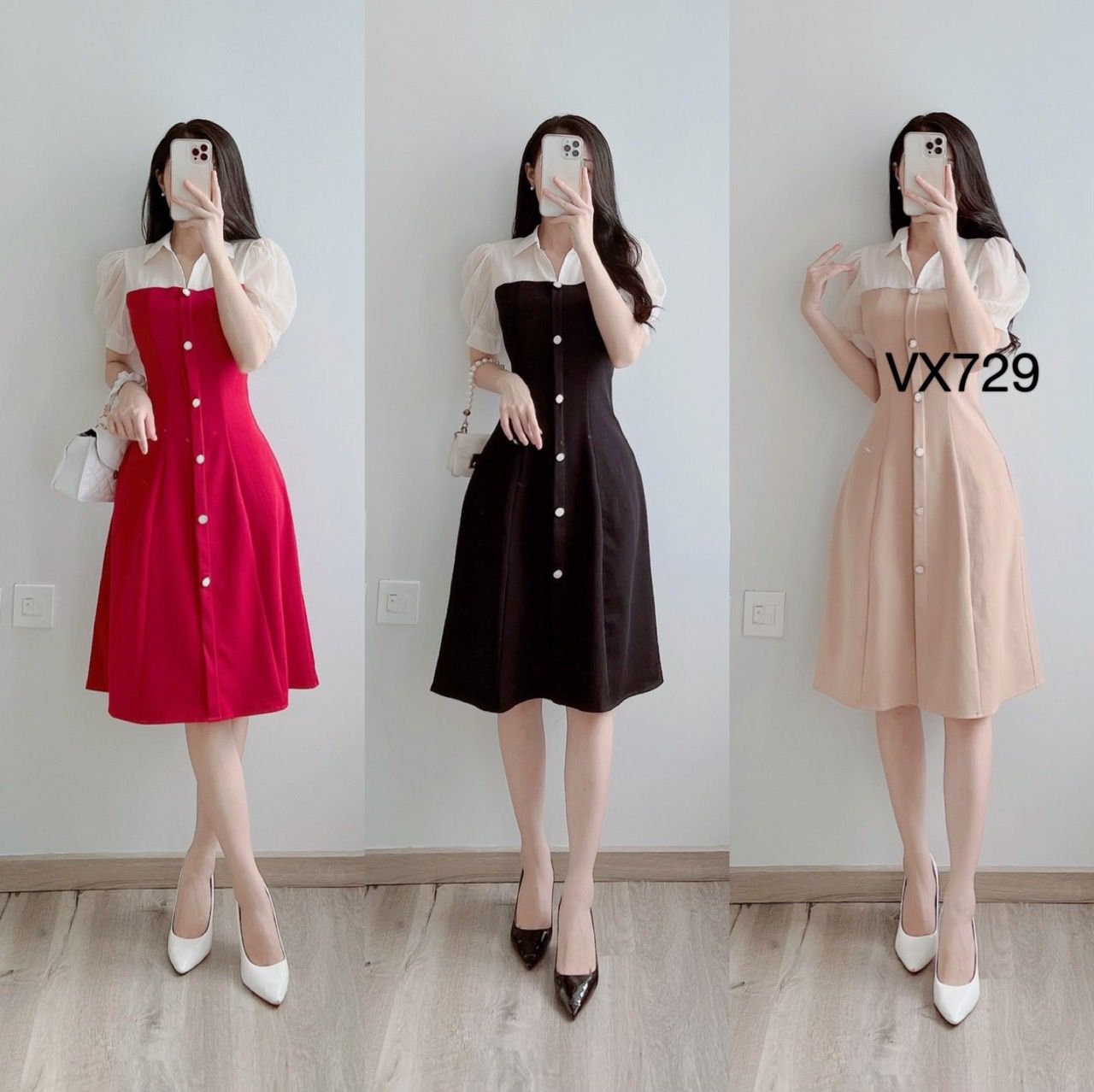 VX729 váy phối cổ tơ