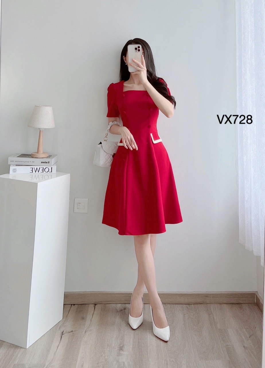 VX728 Váy lắp túi viền trắng