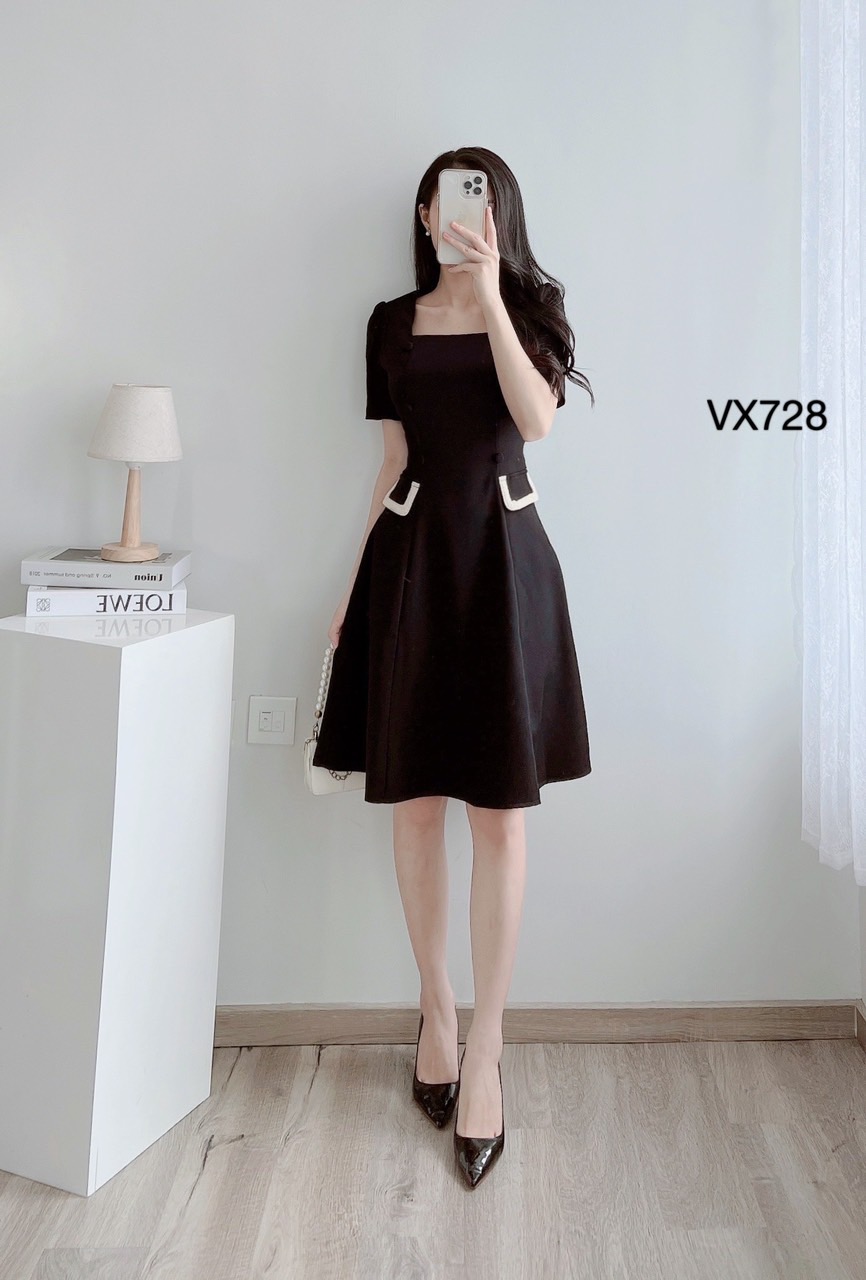 VX728 Váy lắp túi viền trắng