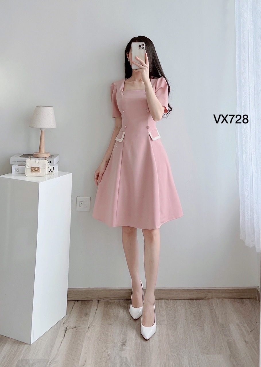 VX728 Váy lắp túi viền trắng