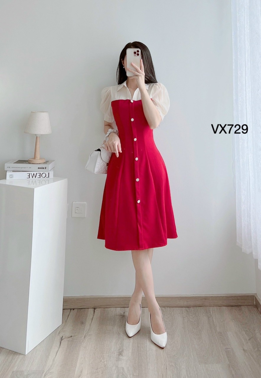 VX729 váy phối cổ tơ