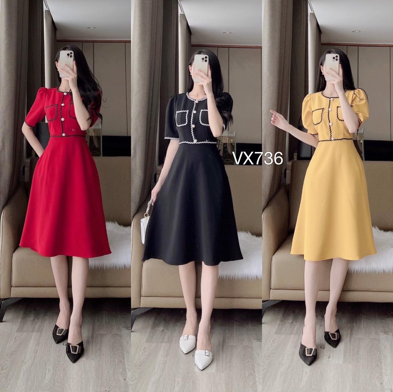 VX736 Váy viện đen cúc ngọc
