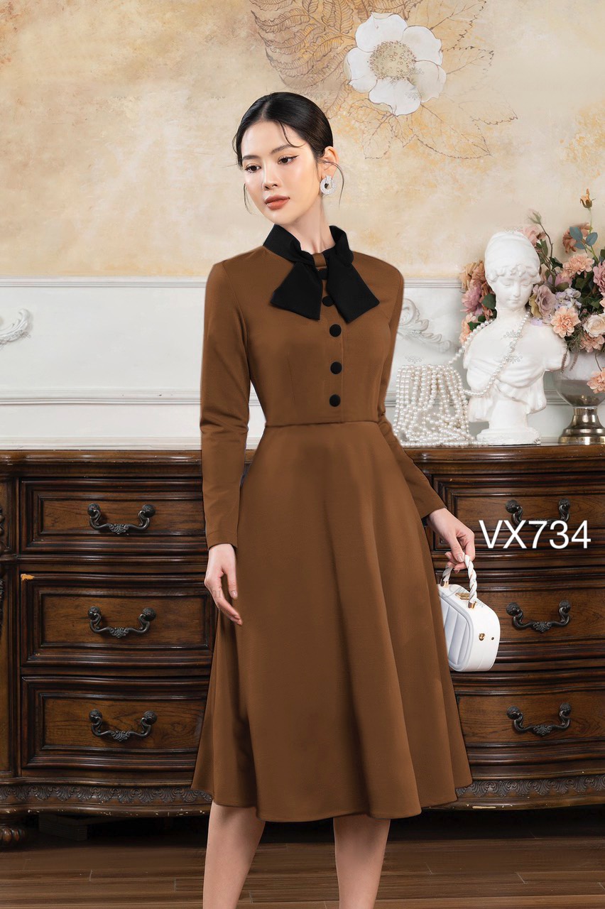 VX734 Váy nhung nơ cổ