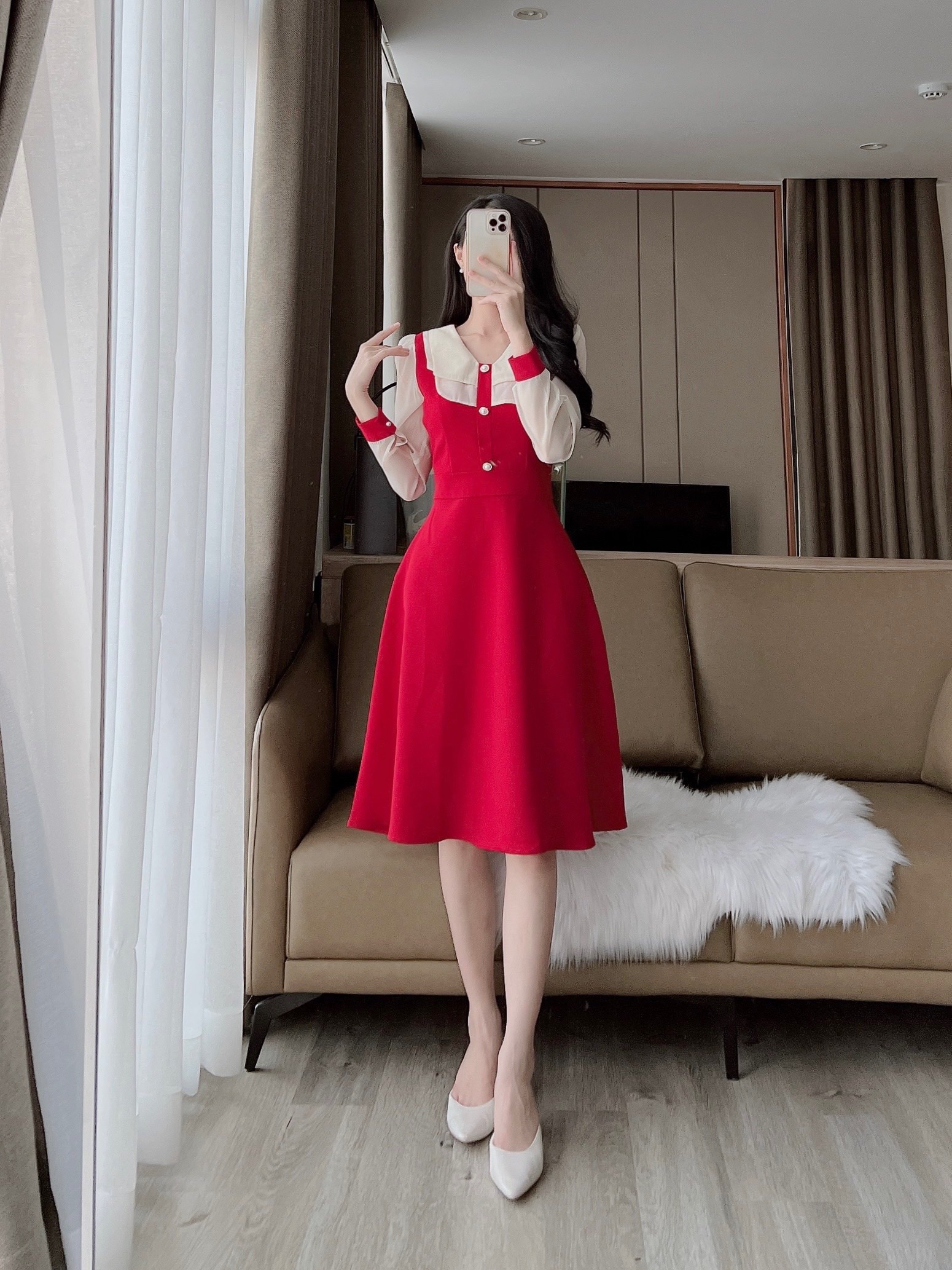 VX735 Váy cổ vuông 2 tầng