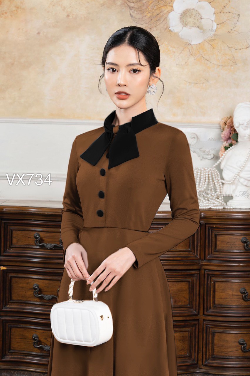 VX734 Váy nhung nơ cổ