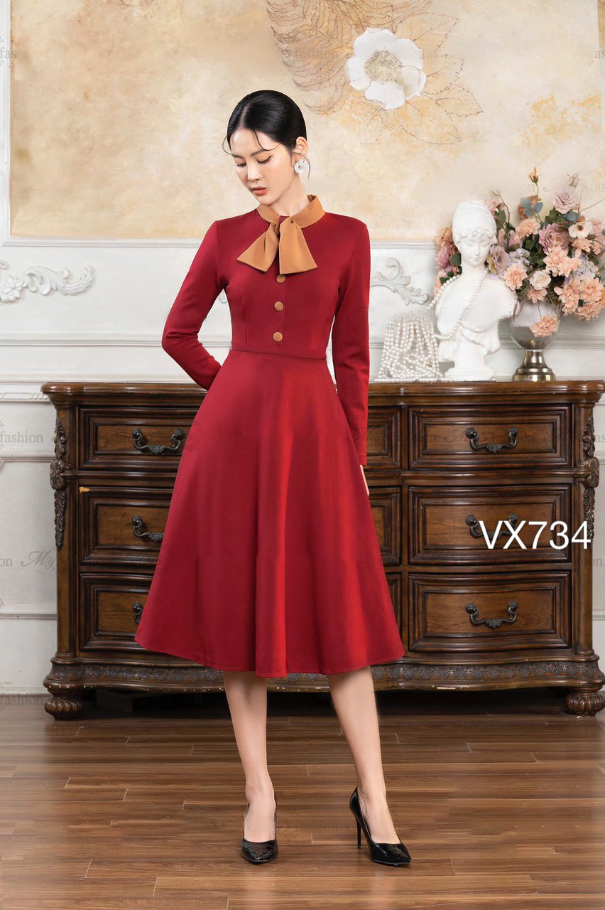 VX734 Váy nhung nơ cổ