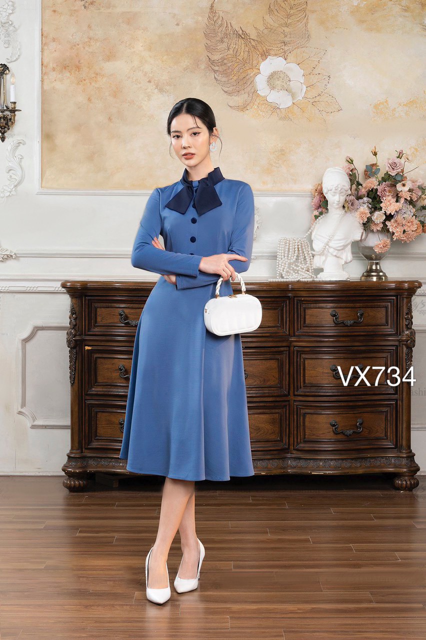 VX734 Váy nhung nơ cổ