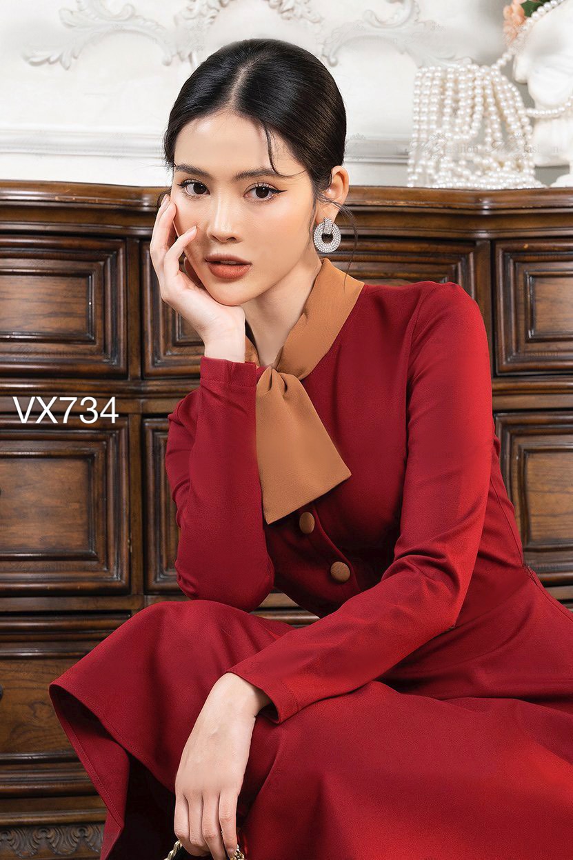 VX734 Váy nhung nơ cổ