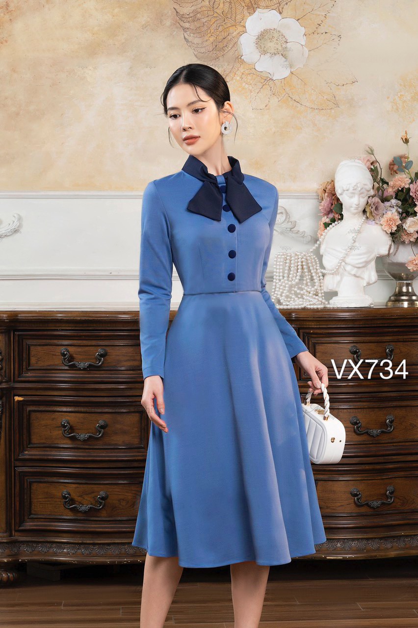 VX734 Váy nhung nơ cổ