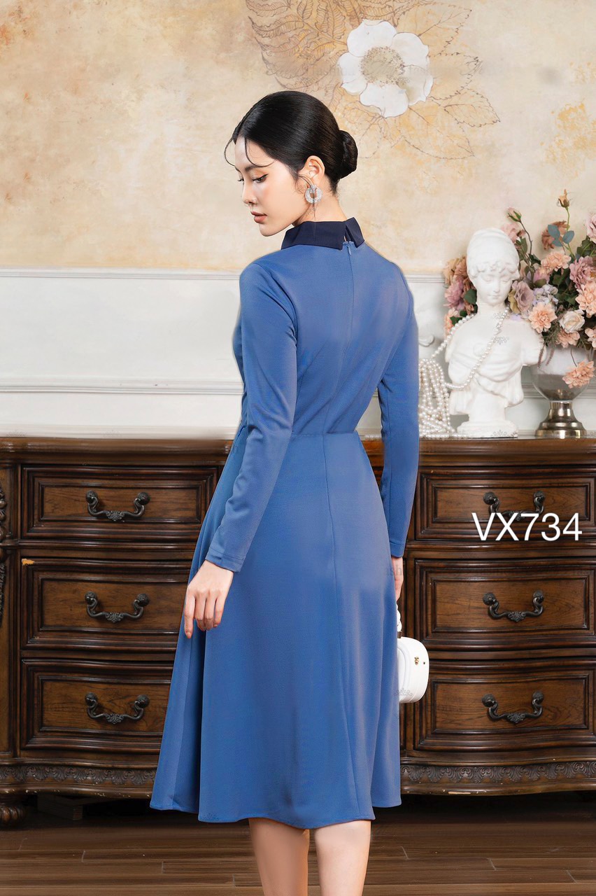 VX734 Váy nhung nơ cổ