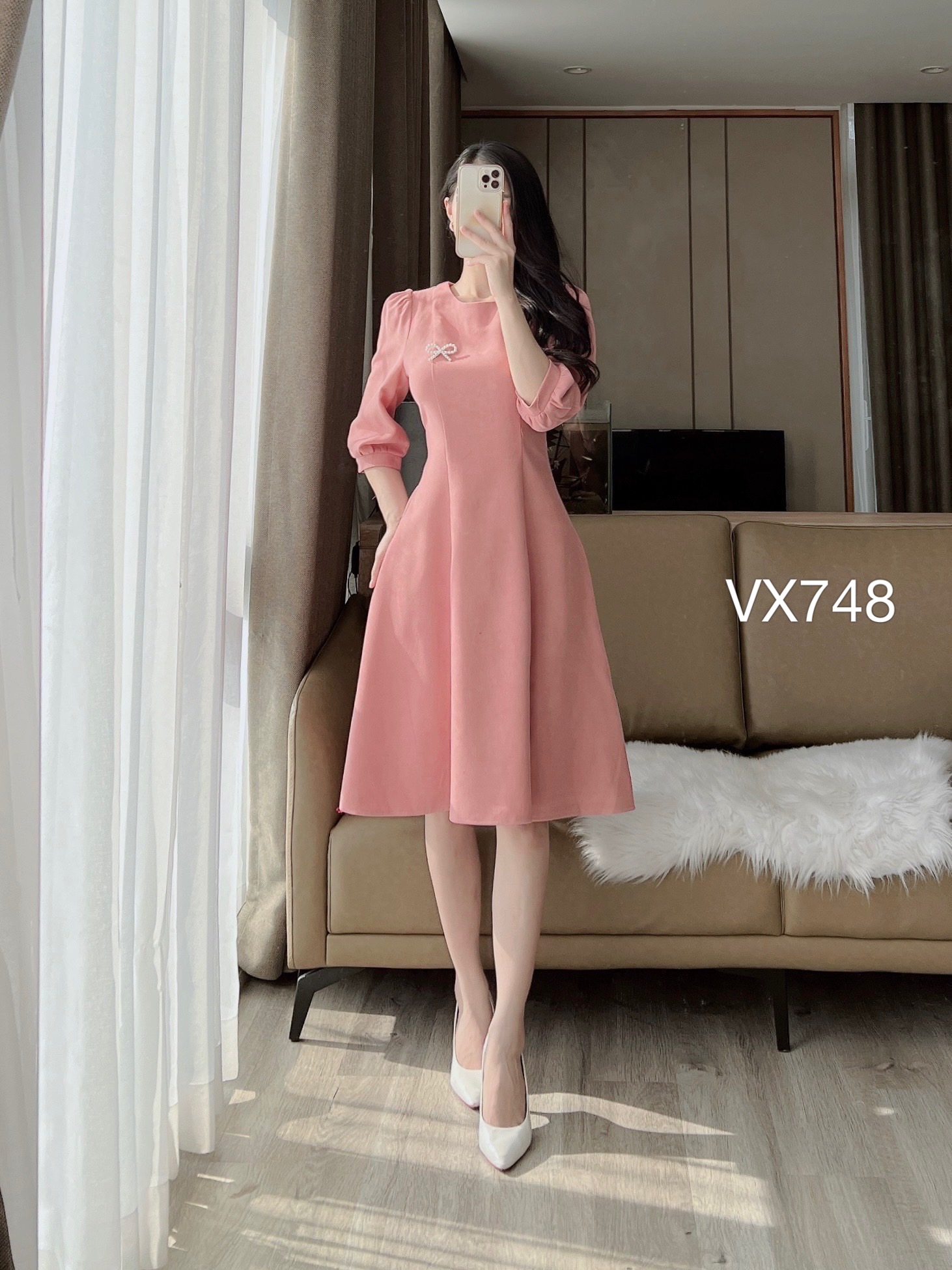 VX748 Váy xòe kèm tag nơ