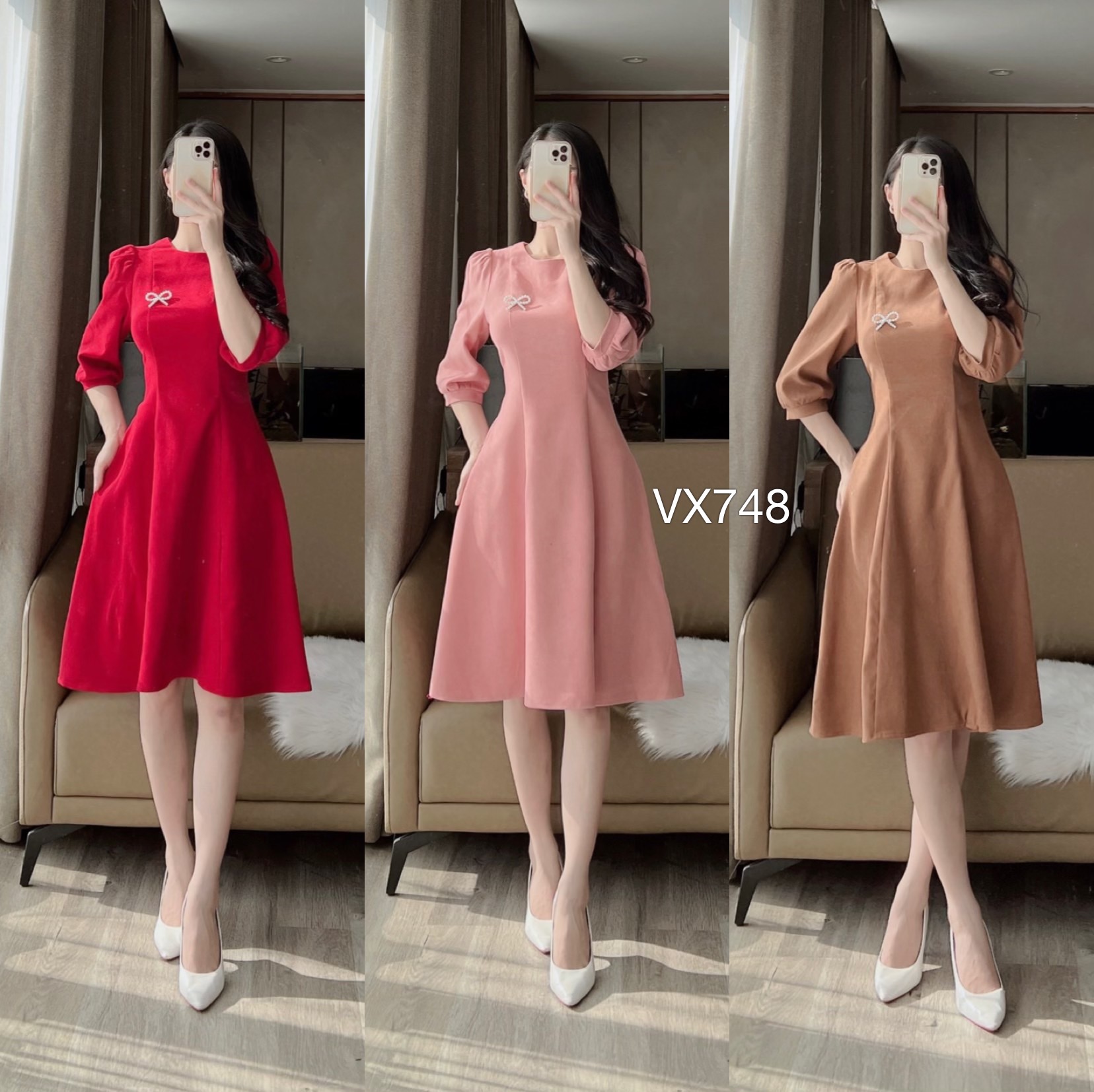 VX748 Váy xòe kèm tag nơ