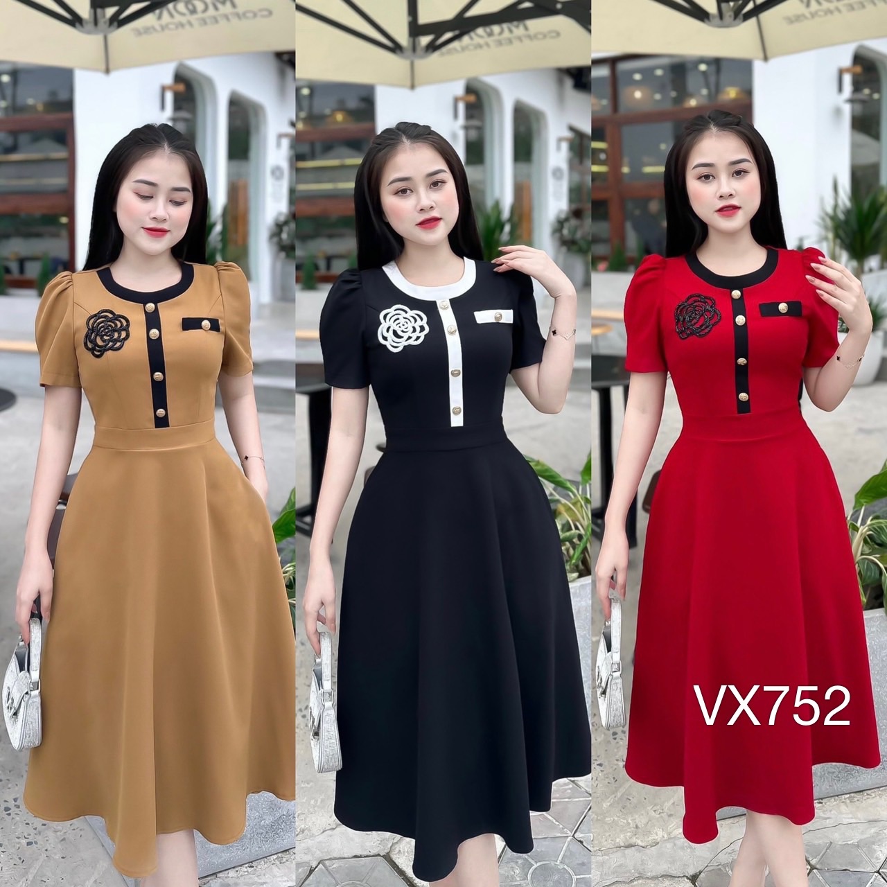 VX752 váy hoa cườm cổ tròn