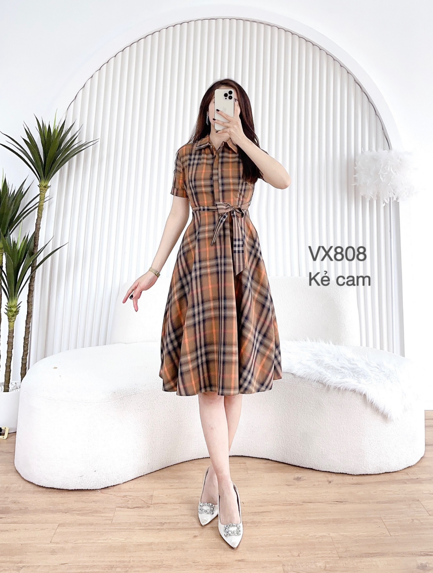 Set áo len + chân váy kẻ caro màu xanh xinhxan style