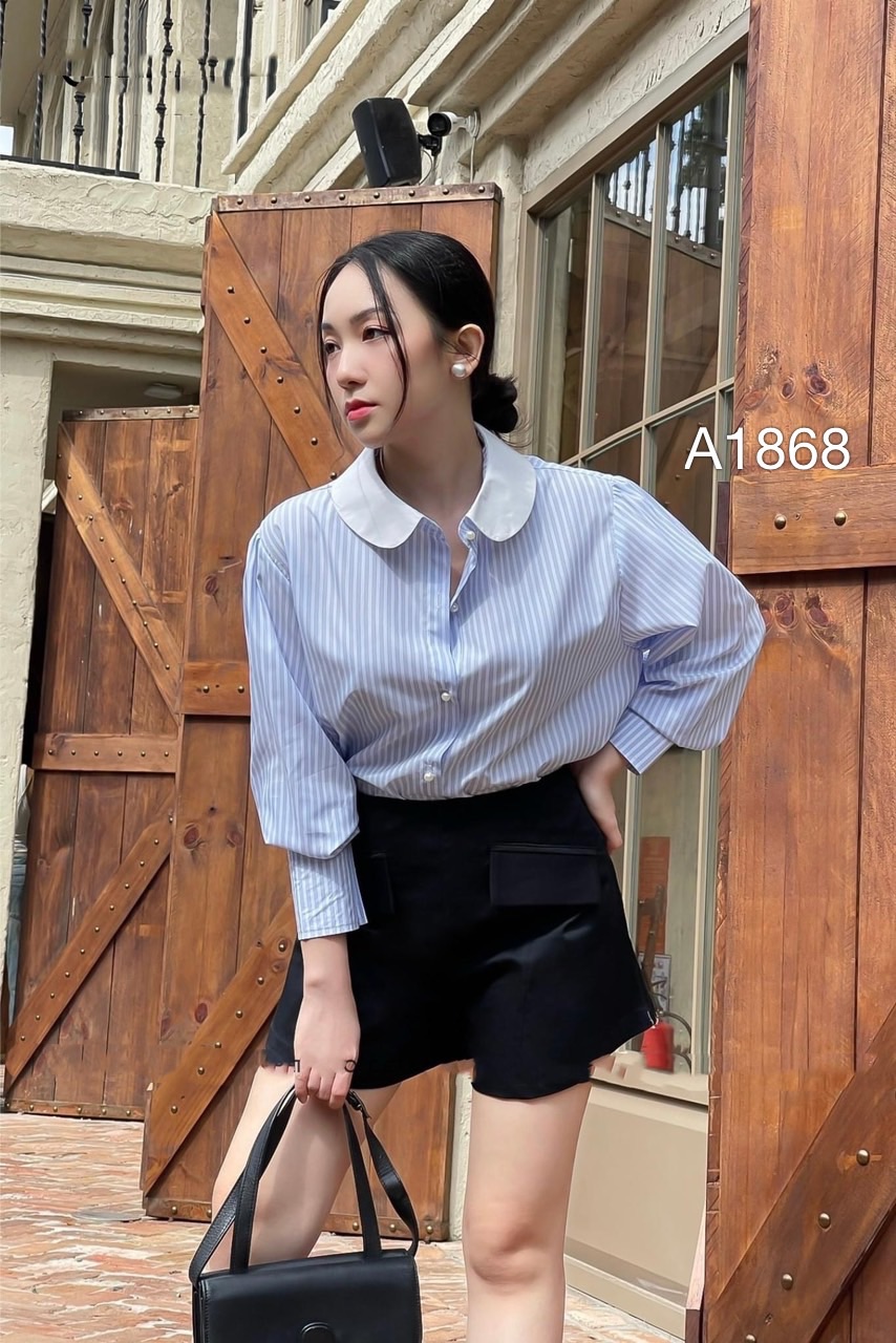 A1868 áo cổ sen kẻ tay dài