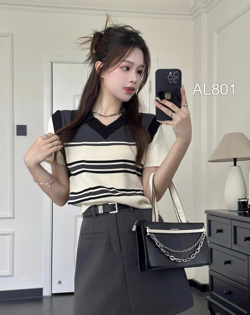 AL801 len kẻ cổ tim tay sơ mi