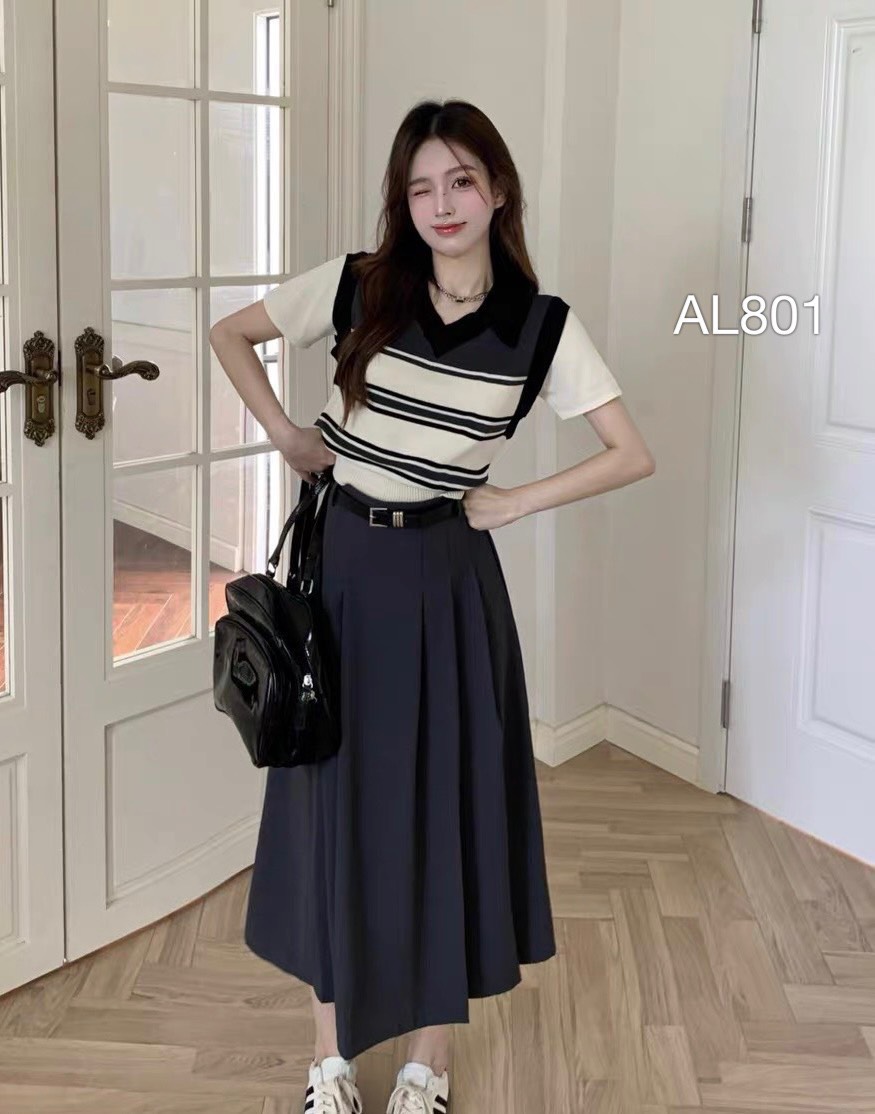 AL801 len kẻ cổ tim tay sơ mi