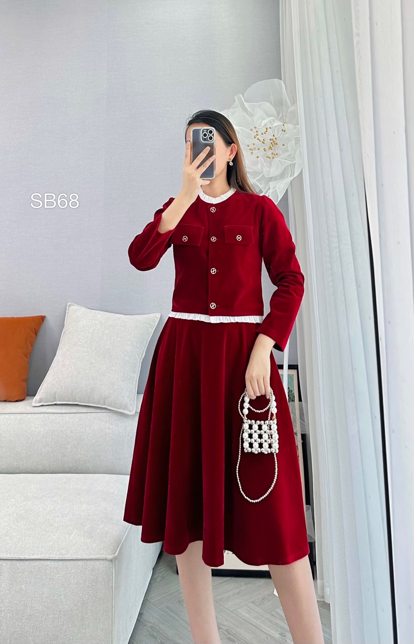 SB68 set nhung viền bèo váy xòe