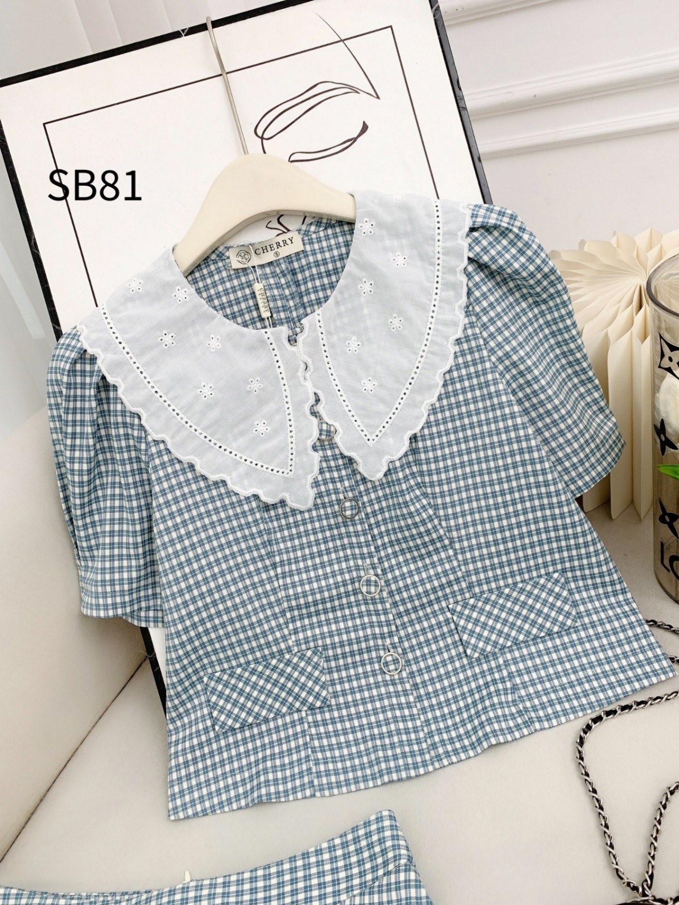 SB81 set váy kẻ xòe cổ phối