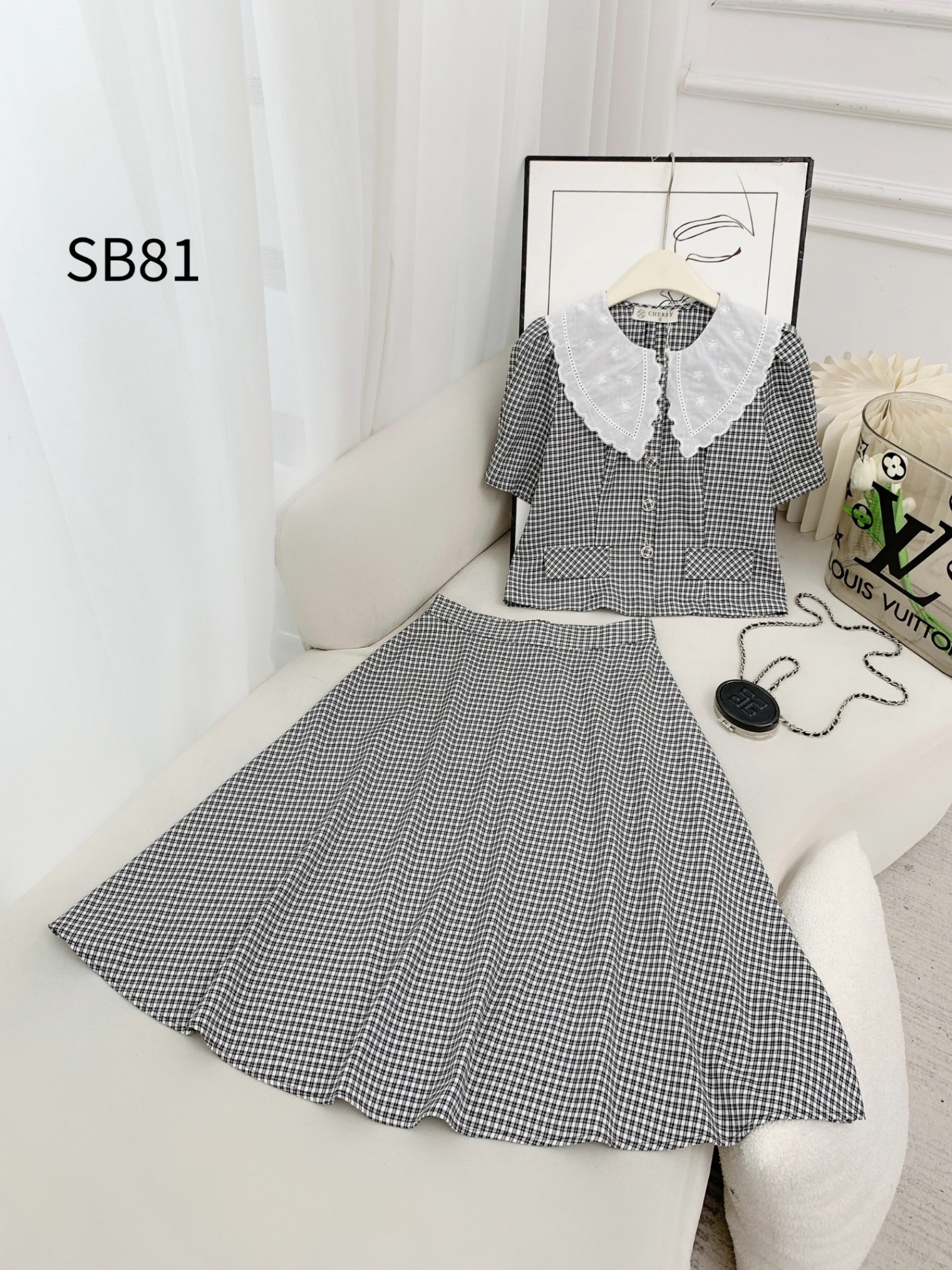 SB81 set váy kẻ xòe cổ phối