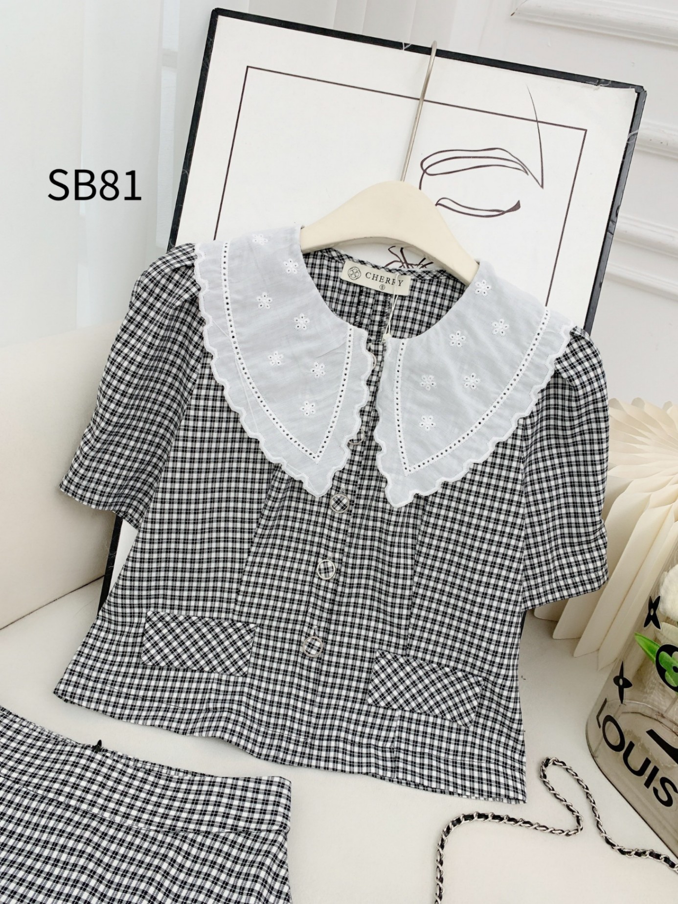 SB81 set váy kẻ xòe cổ phối