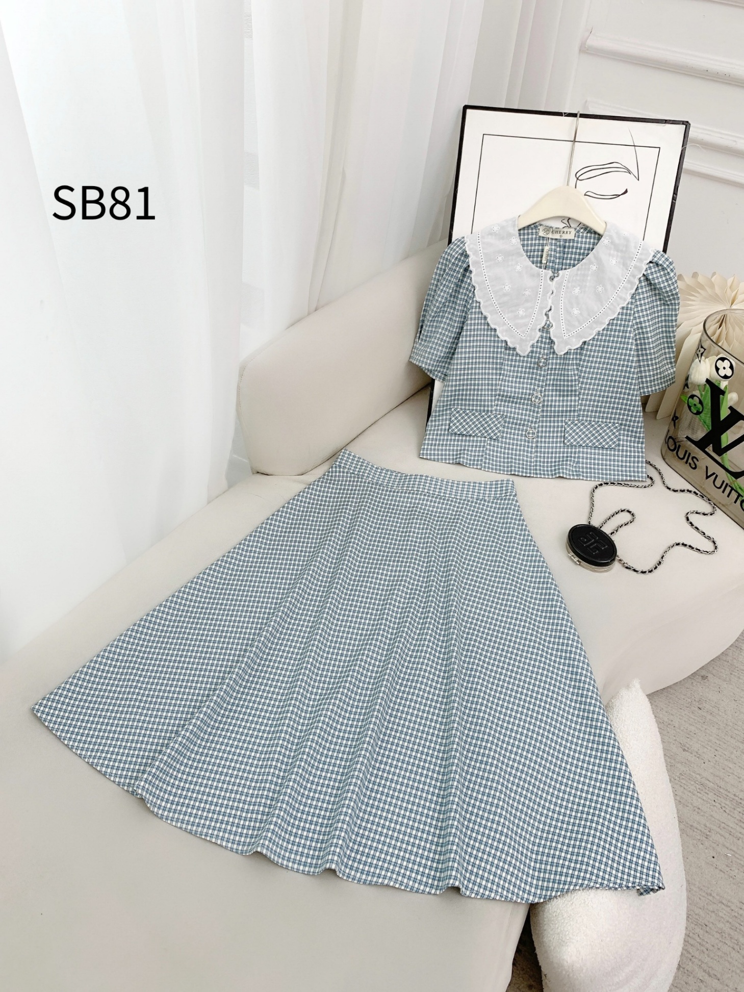 SB81 set váy kẻ xòe cổ phối