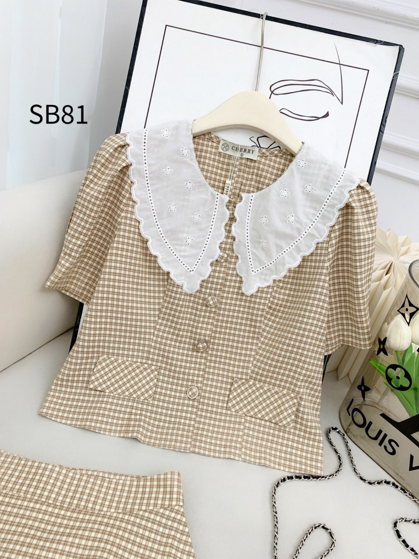 SB81 set váy kẻ xòe cổ phối