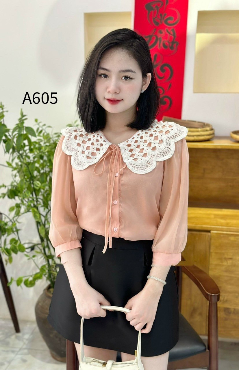 A605 áo tơ cổ lưới trắng