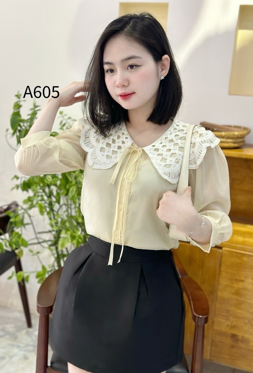 A605 áo tơ cổ lưới trắng