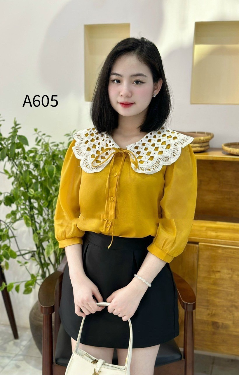 A605 áo tơ cổ lưới trắng